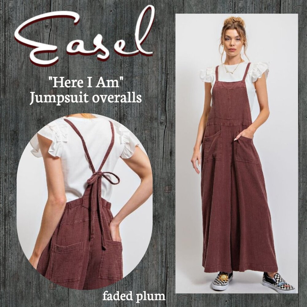 EASEL "Here I Am" Mineral Washed Wide Leg Jumpsuit Adjustable Tie Straps Pockets